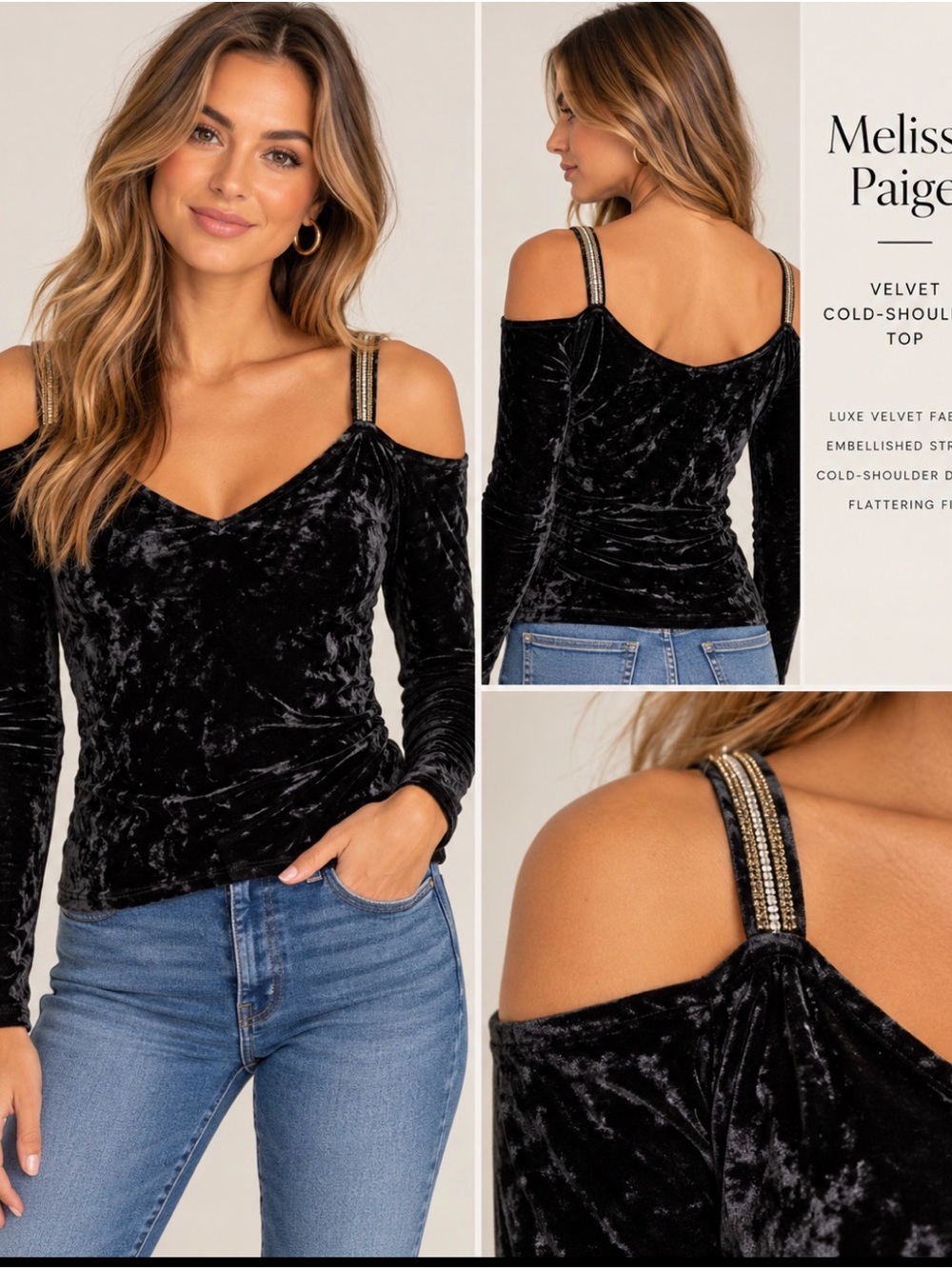 Melissa Paige Black Velvet Cold-Shoulder Top, Size M